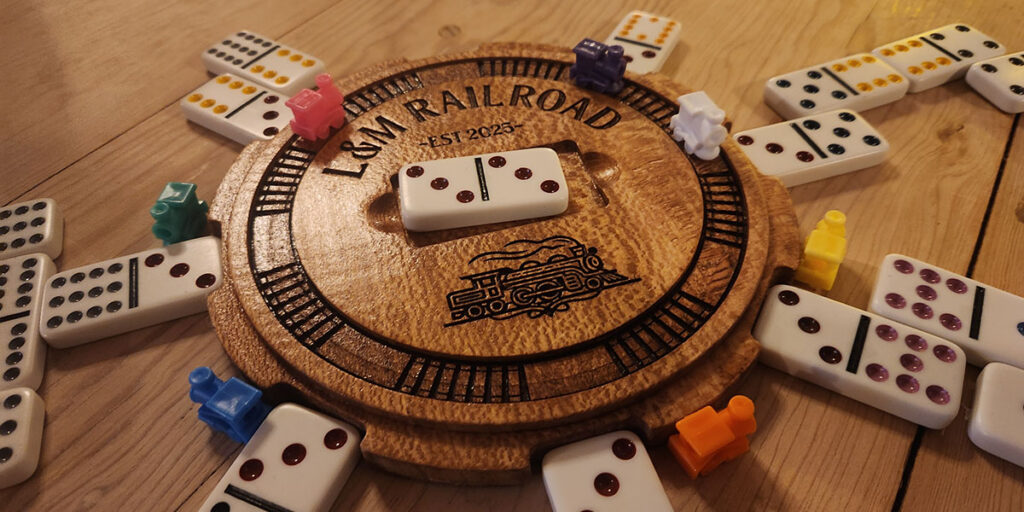 CNC carved Mexican Train dominoes station by maker Rudy D.